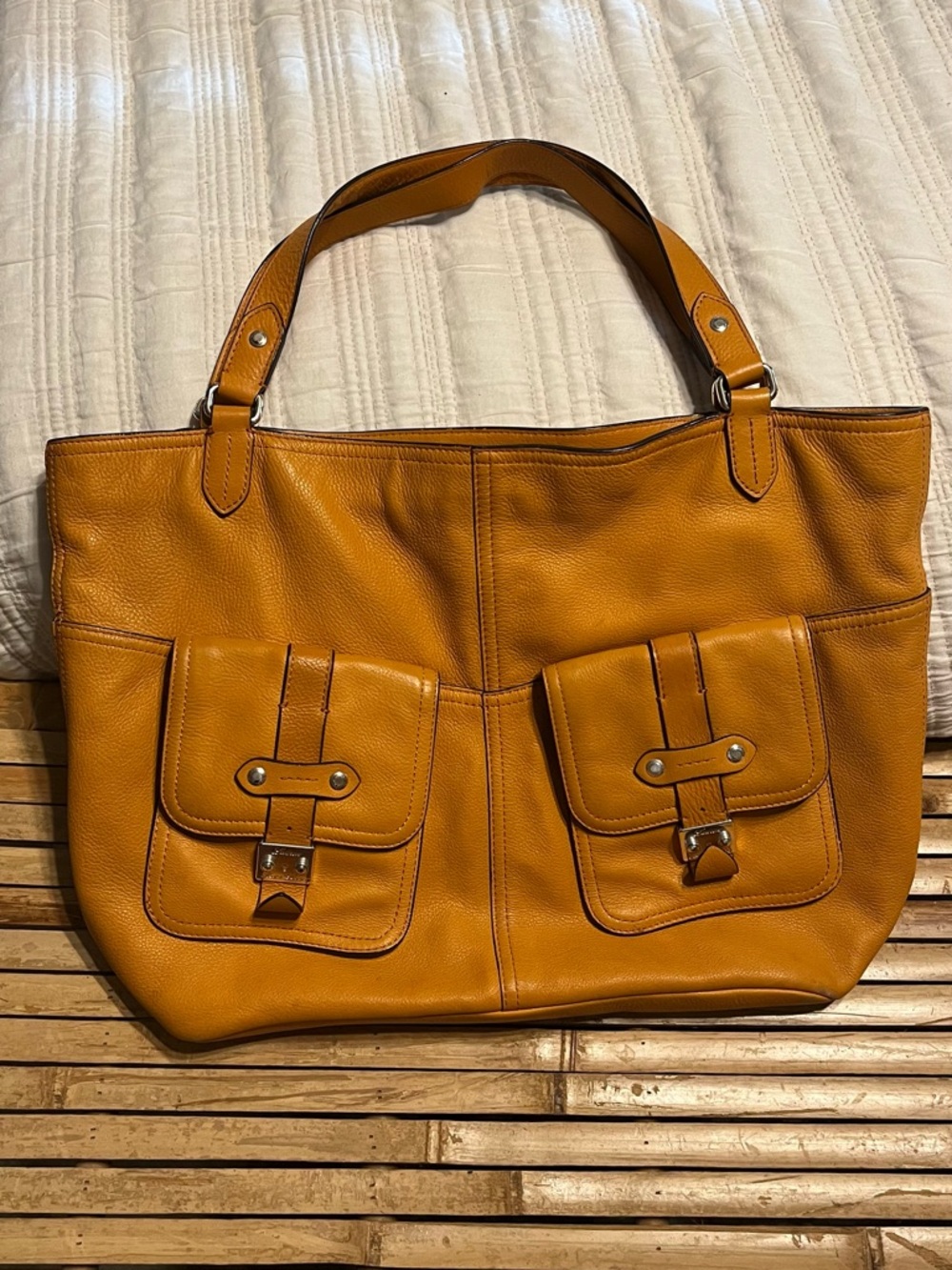Ralph Lauren Mustard Yellow Leather Tote with Front Buckle Pockets